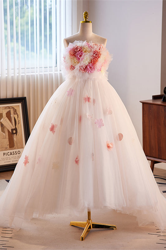 White Ruffled Strapless Floral A-line Tulle Long Prom Dress