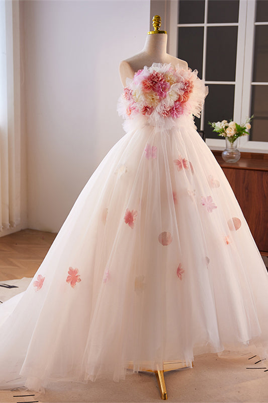White Ruffled Strapless Floral A-line Tulle Long Prom Dress