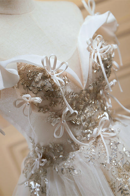 Ivory Off-the-Shoulder Bow Tie Beading-Embroidered Homecoming Dress