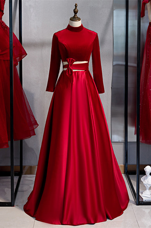 Velvet A-Line High Neck Long Sleeves Party Prom Dress