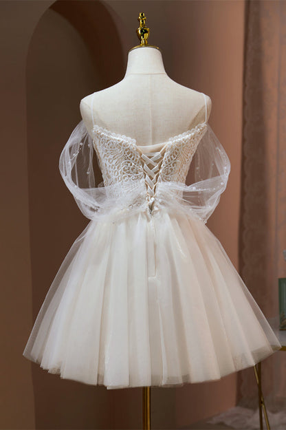 Ivory Off-the-Shoulder Straps Beaded Flower Homecoming Dress