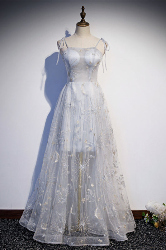 Sheer Tulle A-Line Square Straps Long Party Prom Dress
