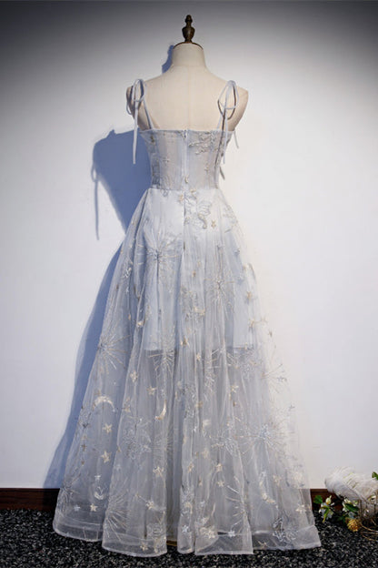 Sheer Tulle A-Line Square Straps Long Party Prom Dress