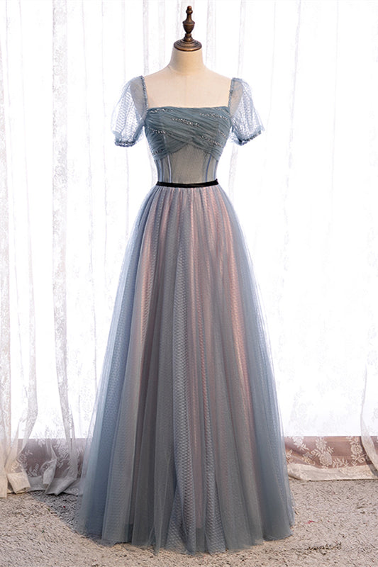 Tulle A-Line Square Short Sleeves Floor-Length Party Prom Dress