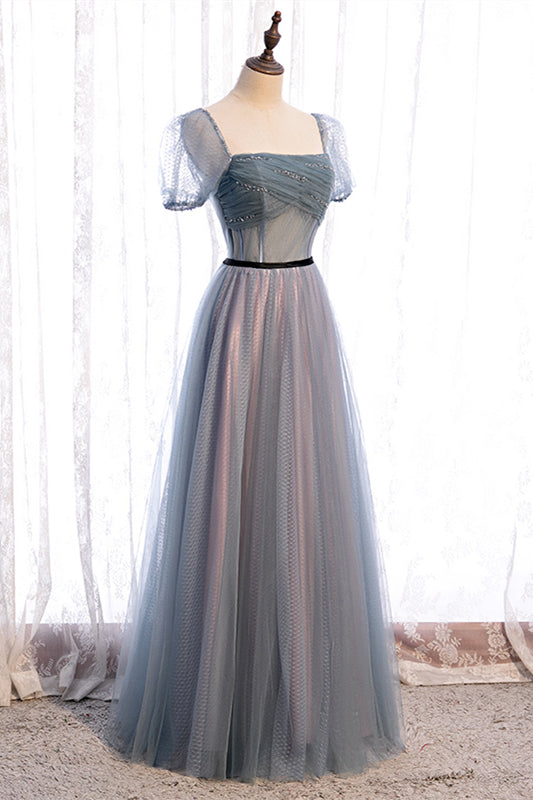 Tulle A-Line Square Short Sleeves Floor-Length Party Prom Dress