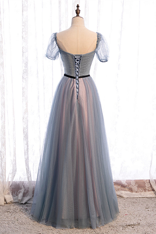 Tulle A-Line Square Short Sleeves Floor-Length Party Prom Dress