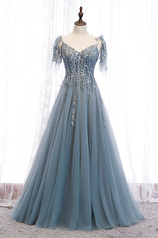 V-Neck Straps Appliques Tulle A-Line Party Prom Dress