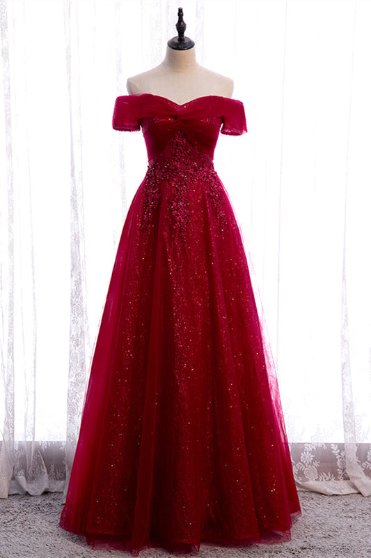 Elegant A-Line Off-Shoulder Lace Up Sparkly Party Prom Dress
