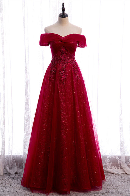 Elegant A-Line Off-Shoulder Lace Up Sparkly Party Prom Dress