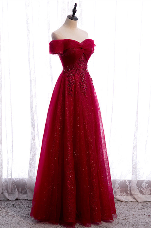 Elegant A-Line Off-Shoulder Lace Up Sparkly Party Prom Dress