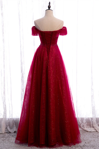 Elegant A-Line Off-Shoulder Lace Up Sparkly Party Prom Dress
