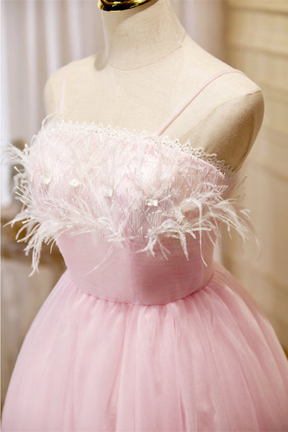 Champagne Feathers Straps Pleated Tulle Homecoming Dress
