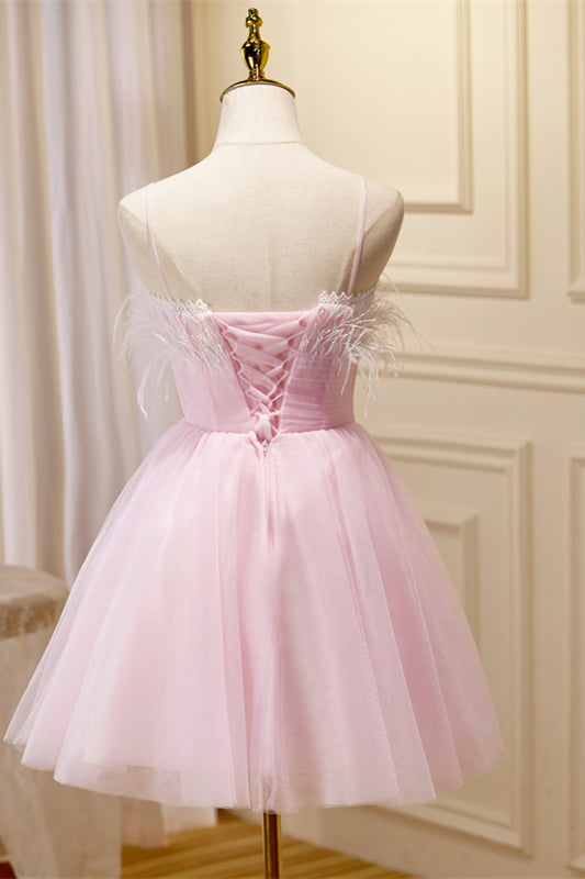 Champagne Feathers Straps Pleated Tulle Homecoming Dress