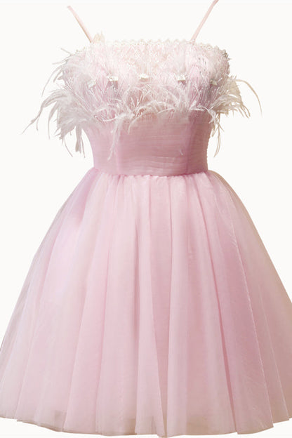 Champagne Feathers Straps Pleated Tulle Homecoming Dress