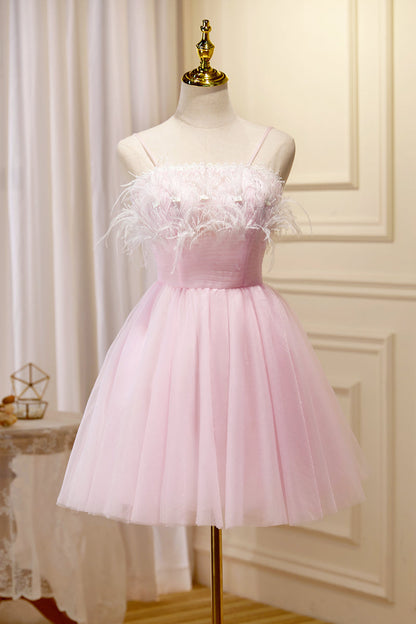 Champagne Feathers Straps Pleated Tulle Homecoming Dress