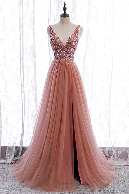Low V-Neck Sleeveless Tulle A-Line Appliques Party Prom Dress