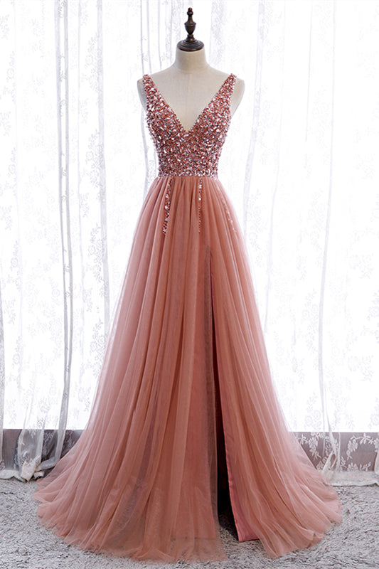Low V-Neck Sleeveless Tulle A-Line Appliques Party Prom Dress