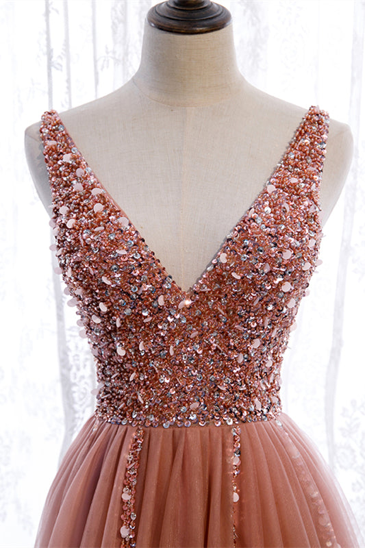 Low V-Neck Sleeveless Tulle A-Line Appliques Party Prom Dress