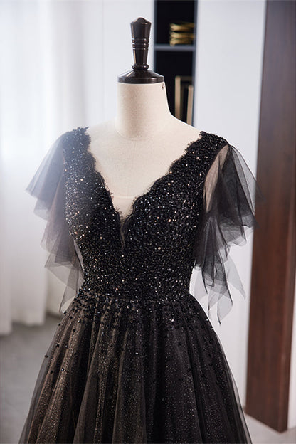 Black Deep V Neck Flaunting Sleeves Beaded Maxi Formal Dress
