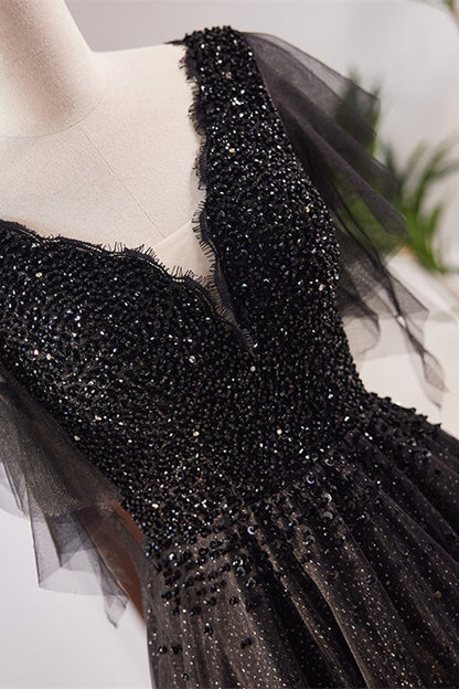 Black Deep V Neck Flaunting Sleeves Beaded Maxi Formal Dress