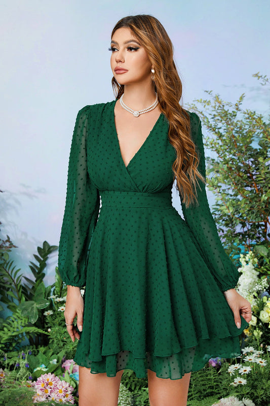 Dark Green Surplice Long Sleeves Printed Homecoming Dress