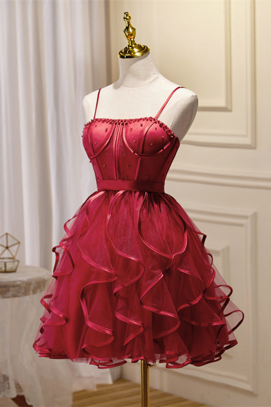 Black Straps Beaded Ruffle-Layers Tulle Homecoming Dress