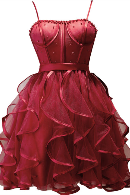 Black Straps Beaded Ruffle-Layers Tulle Homecoming Dress