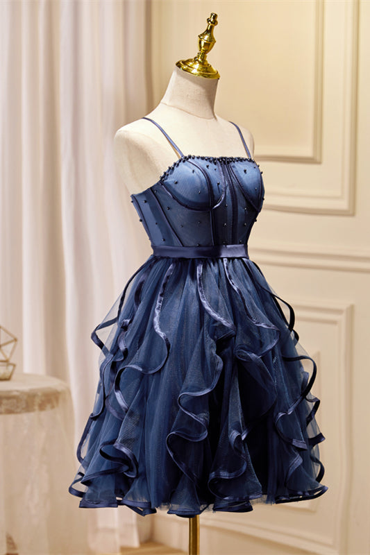 Black Straps Beaded Ruffle-Layers Tulle Homecoming Dress