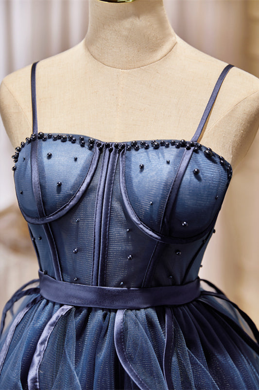 Black Straps Beaded Ruffle-Layers Tulle Homecoming Dress