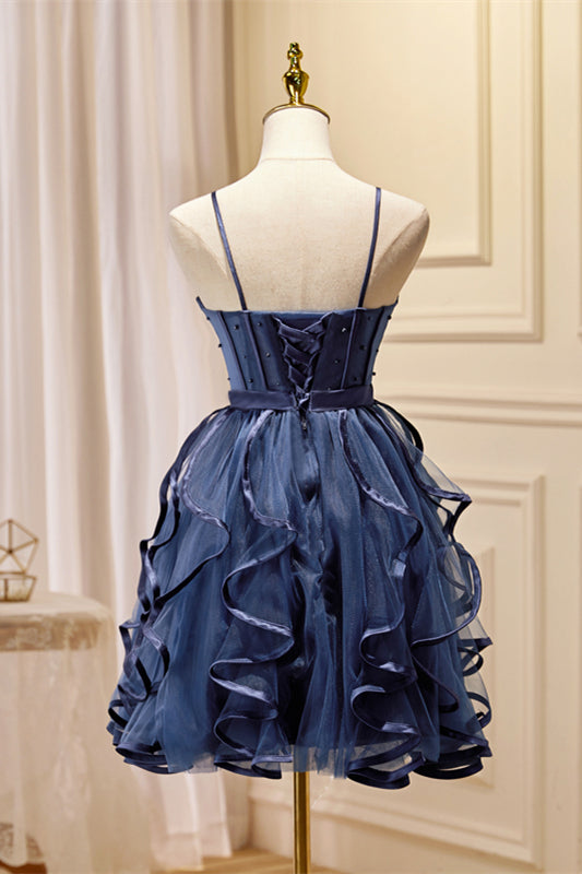 Black Straps Beaded Ruffle-Layers Tulle Homecoming Dress