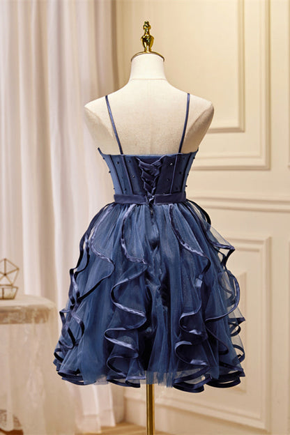 Black Straps Beaded Ruffle-Layers Tulle Homecoming Dress