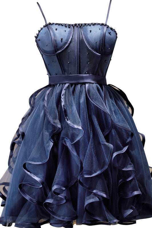 Black Straps Beaded Ruffle-Layers Tulle Homecoming Dress