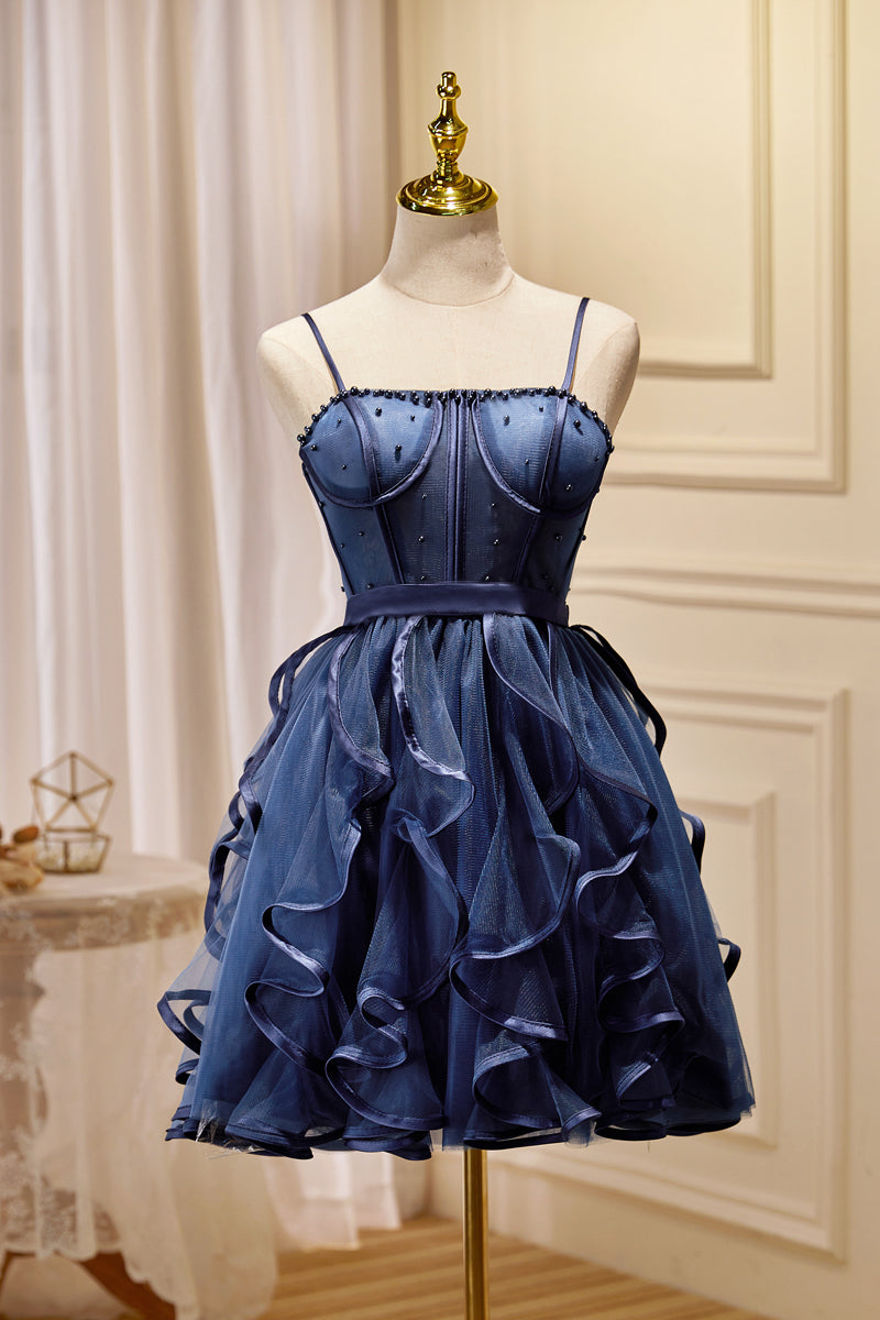 Black Straps Beaded Ruffle-Layers Tulle Homecoming Dress