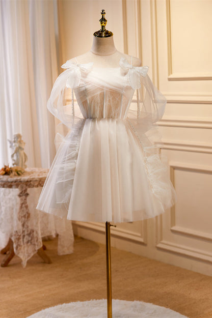 Champagne Off-the-Shoulder Beaded Bows Ruffle Homecoming Dress