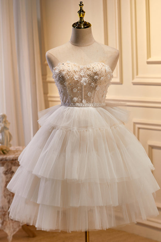 Champagne Strapless Beaded Appliques Multi-Layers Homecoming Dress