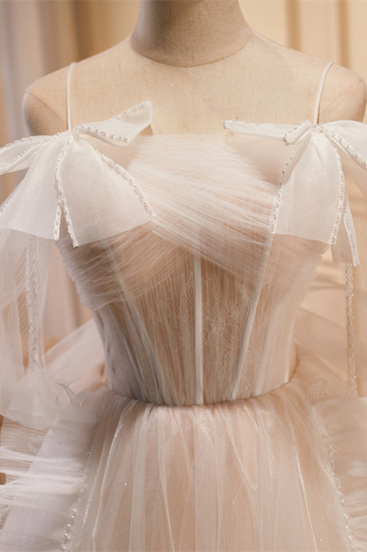 Champagne Off-the-Shoulder Beaded Bows Ruffle Long Prom Dress
