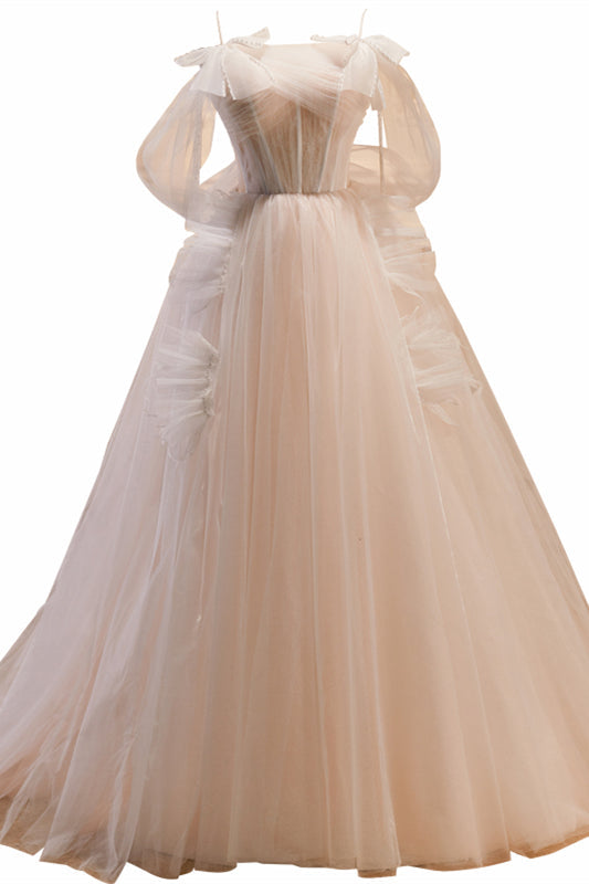 Champagne Off-the-Shoulder Beaded Bows Ruffle Long Prom Dress
