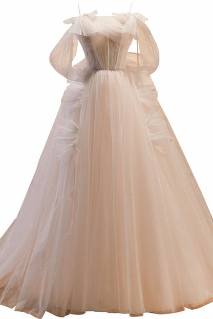 Champagne Off-the-Shoulder Beaded Bows Ruffle Long Prom Dress