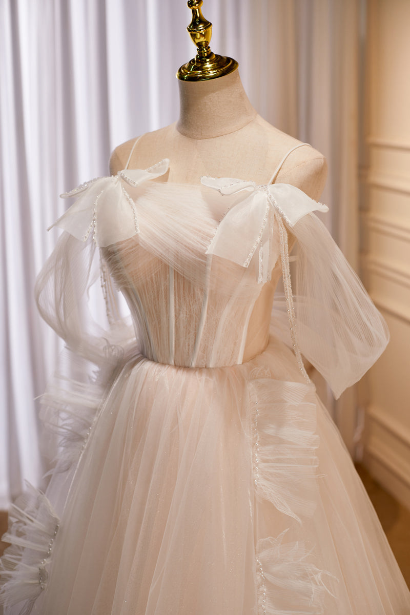 Champagne Off-the-Shoulder Beaded Bows Ruffle Long Prom Dress