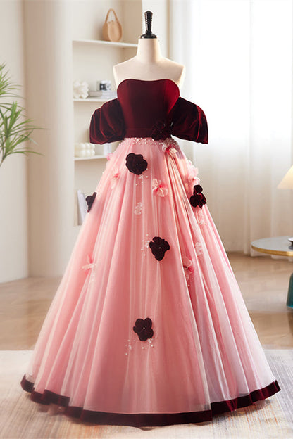 Burgundy and Pink Off-the-Shoulder Beaded Appliques Maxi Formal Dress