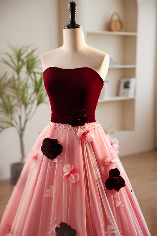 Burgundy and Pink Off-the-Shoulder Beaded Appliques Maxi Formal Dress