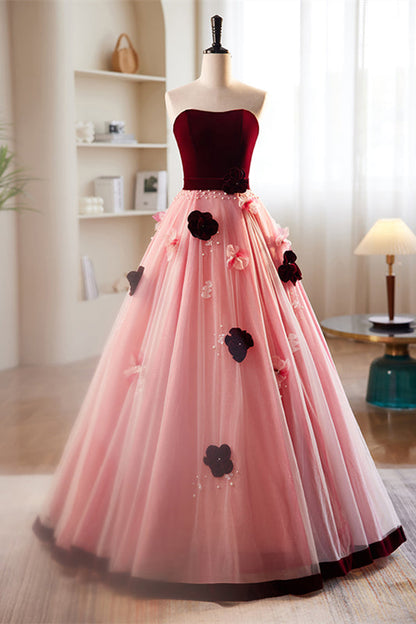 Burgundy and Pink Off-the-Shoulder Beaded Appliques Maxi Formal Dress