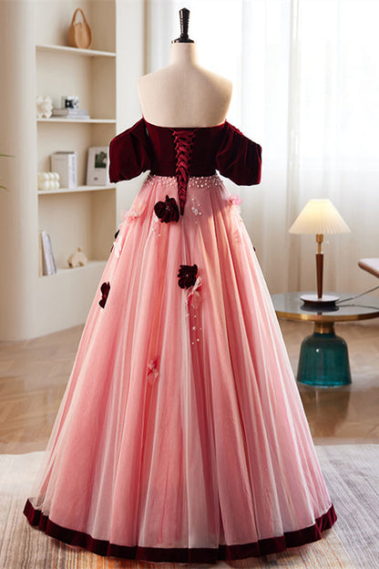 Burgundy and Pink Off-the-Shoulder Beaded Appliques Maxi Formal Dress