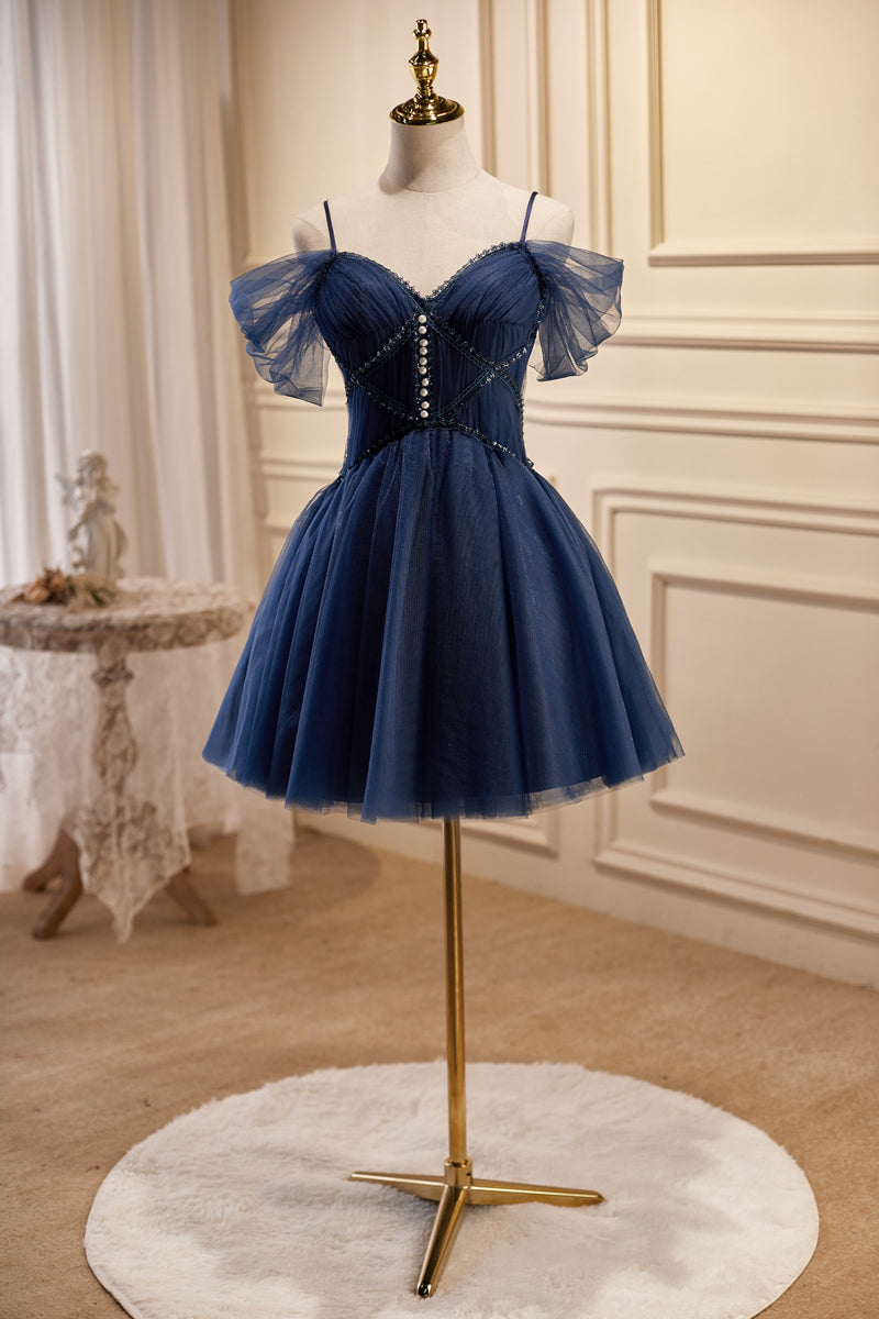 Navy Blue Off-the-Shoulder Beaded Pleated Homecoming Dress