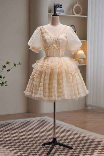 Champagne V Neck Puff Sleeves Beaded Ruffles Homecoming Dress