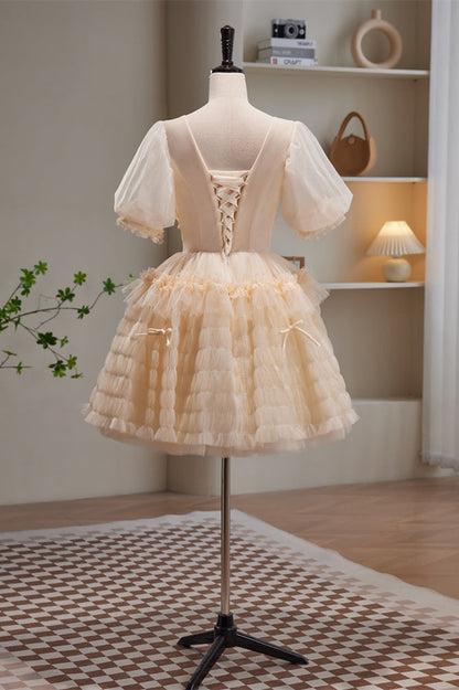 Champagne V Neck Puff Sleeves Beaded Ruffles Homecoming Dress