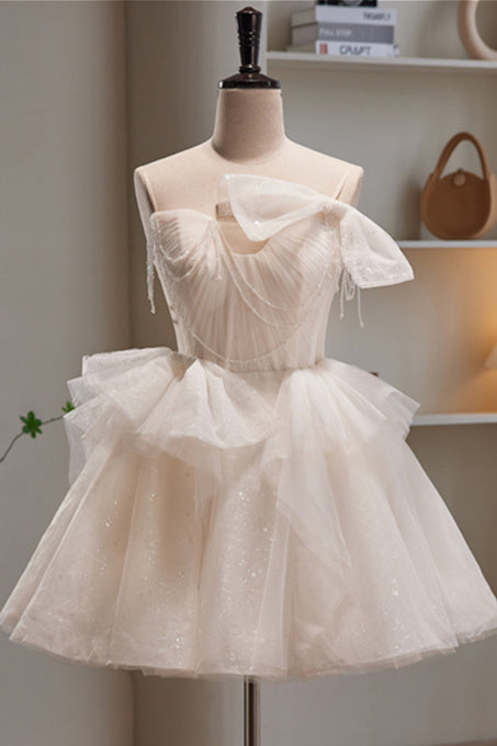 Ivory Straps Beading Bow Ruffle Pleated Homecoming Dress