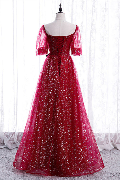 Red Sweetheart Short Sleeves A-Line Sparkly Party Prom Dress