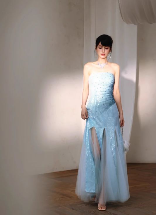 Blue Classy A Line Strapless Sequin Tulle Long Evening Dress Gown Dress SH3587