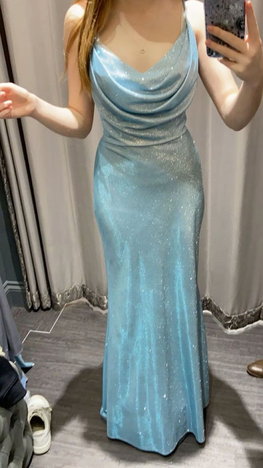 Shiny Spaghetti Straps Blue Satin Mermaid Long Evening Dress Party Gown D897